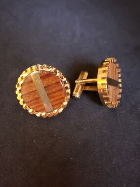 Gold-Tone Wood Inlay Cufflinks - Round Men's Accessory
